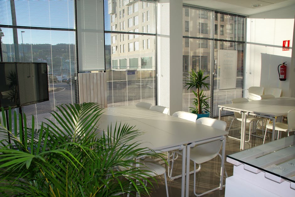Spacious, sunlit office lounge featuring white tables and chairs with a modern aesthetic.